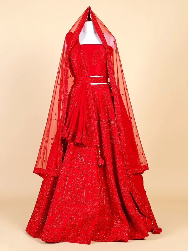 Stunning red lehenga choli in raw silk