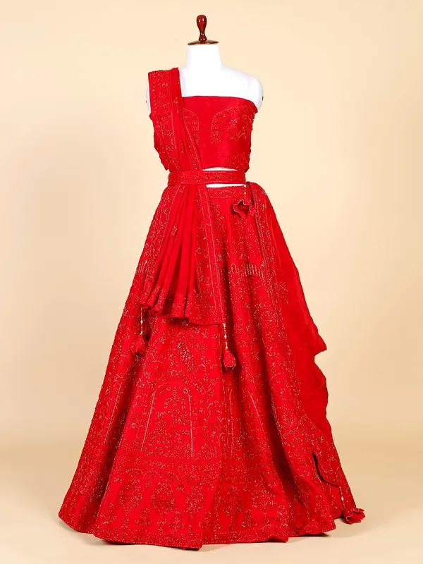 Stunning red lehenga choli in raw silk