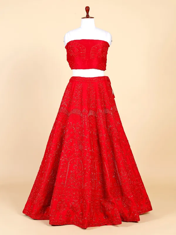 Stunning red lehenga choli in raw silk
