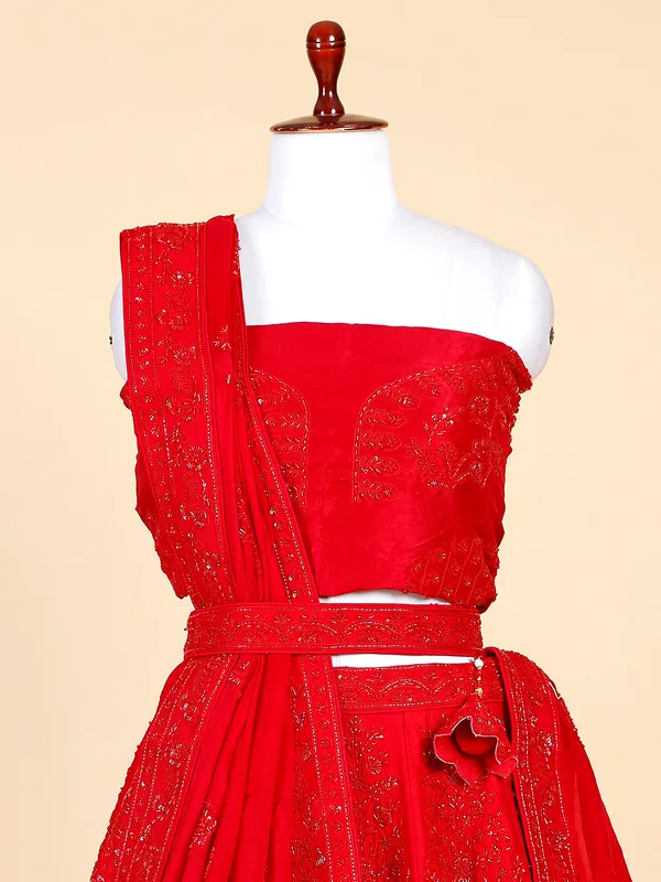 Stunning red lehenga choli in raw silk