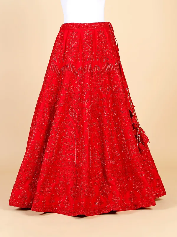 Stunning red lehenga choli in raw silk