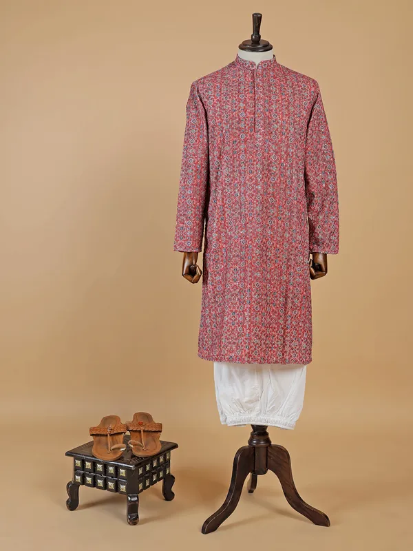 Stunning red printed  Men Kurta pajama