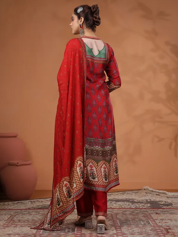 Stunning red printed silk kurti set