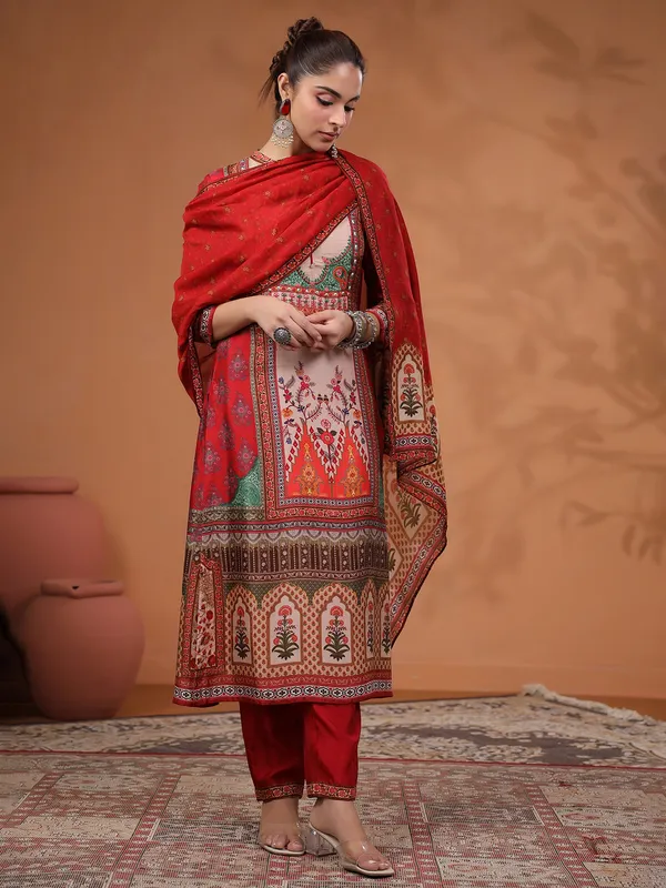 Stunning red printed silk kurti set