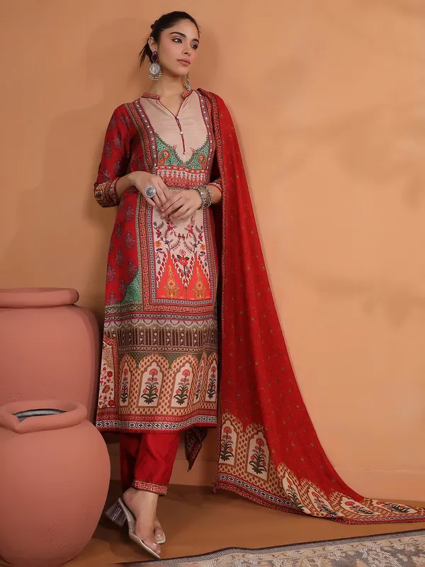 Stunning red printed silk kurti set