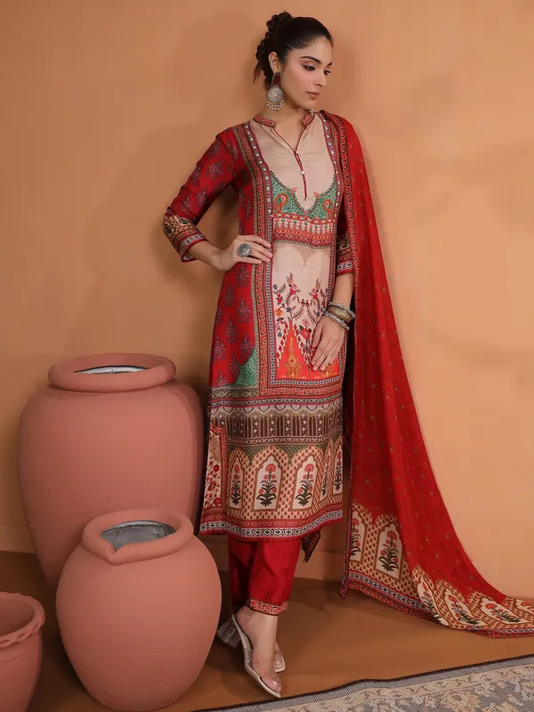 Stunning red printed silk kurti set
