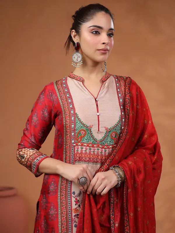 Stunning red printed silk kurti set