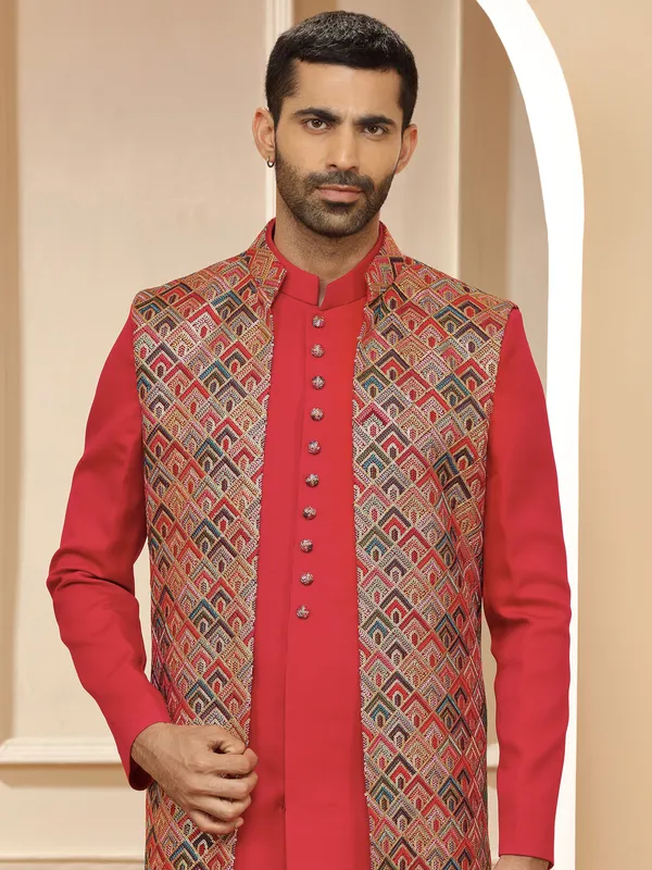Stunning red terry rayon indowestern