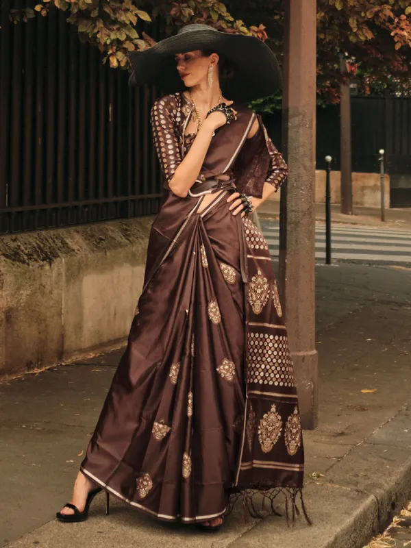 Stunning satin silk dark brown saree