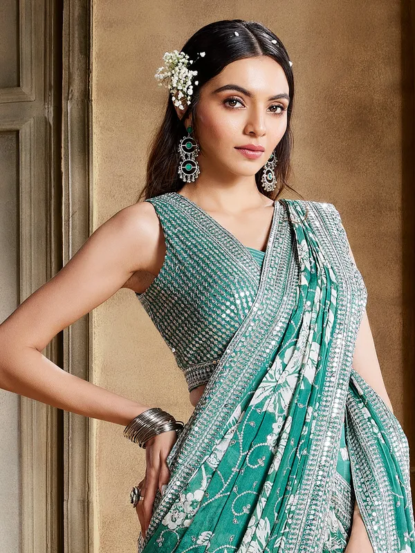 Stunning sea green pre drape saree