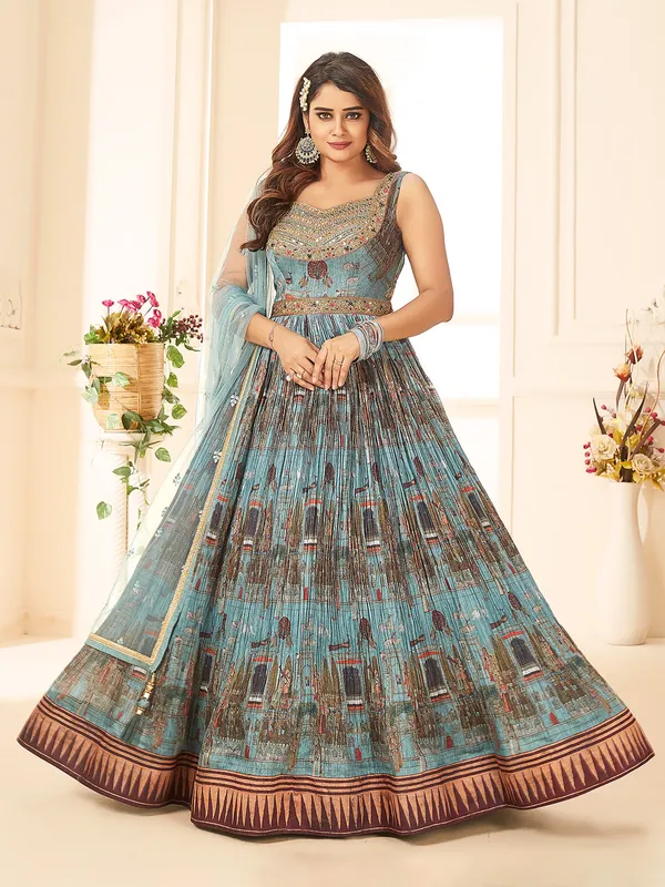 Stunning sea green printed anarkali suit