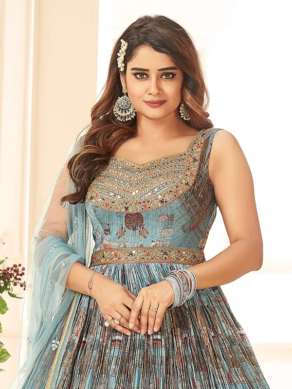 Stunning sea green printed anarkali suit