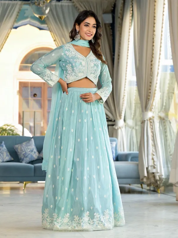 Stunning sky blue chiffon lehenga choli