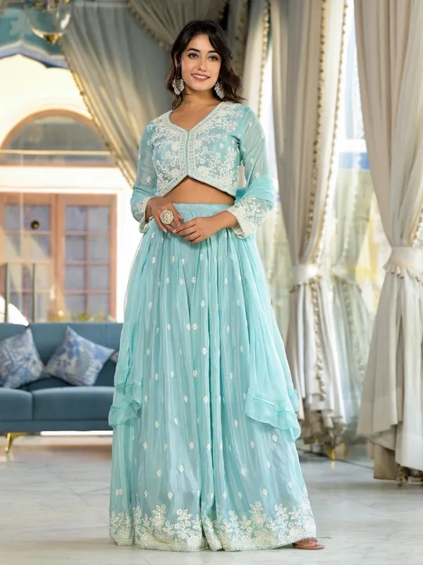 Stunning sky blue chiffon lehenga choli