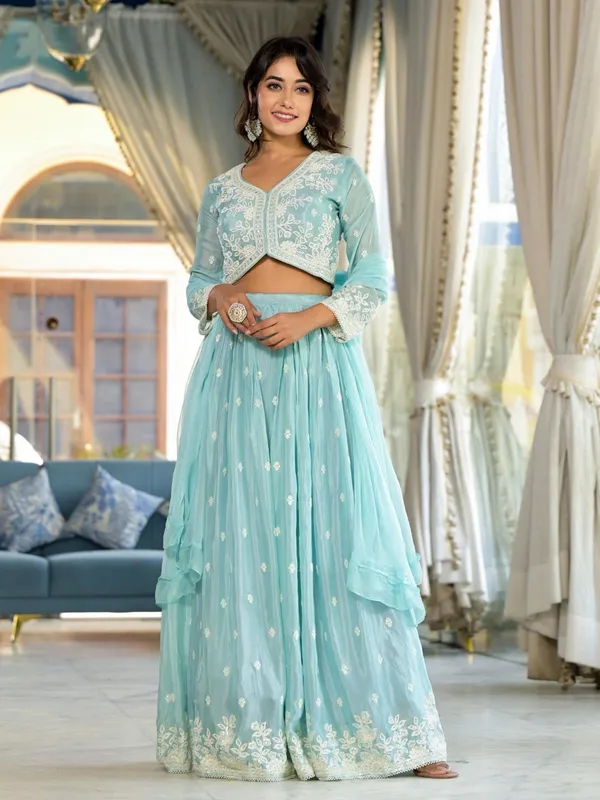 Stunning sky blue chiffon lehenga choli