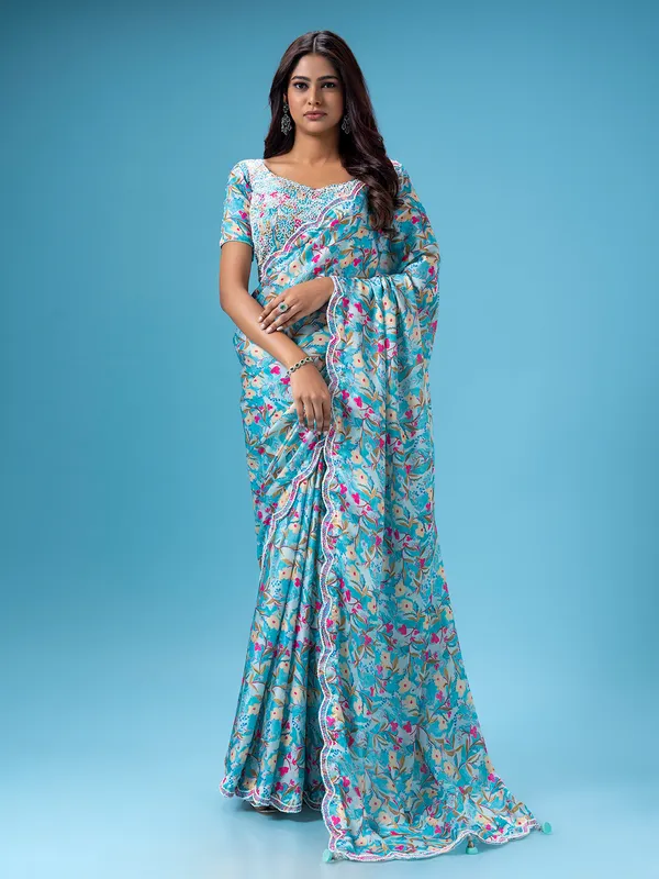 Stunning sky blue mashru silk saree