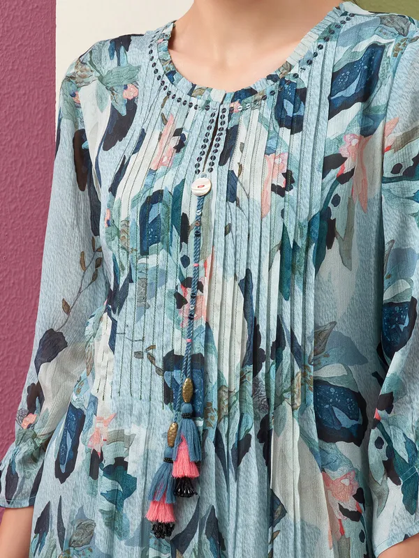 Stunning sky blue printed silk kurti