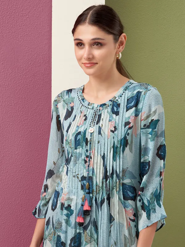 Stunning sky blue printed silk kurti