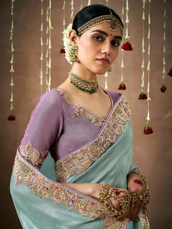 Stunning sky blue saree in dola silk