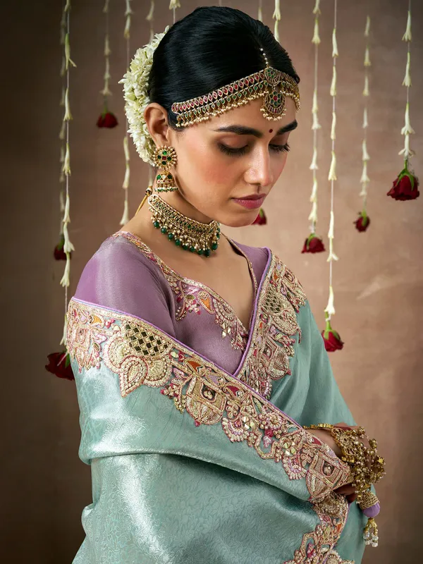 Stunning sky blue saree in dola silk