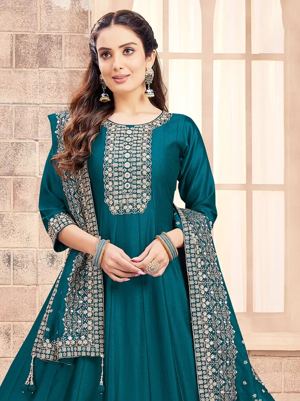 Stunning teal blue silk anarkali suit for women