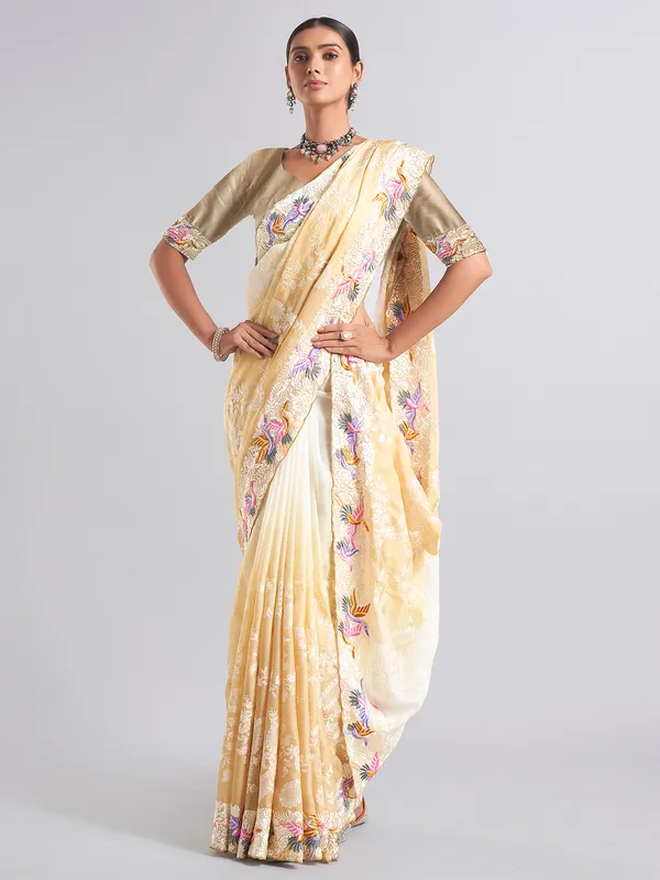 Stunning white and beige chiffon saree