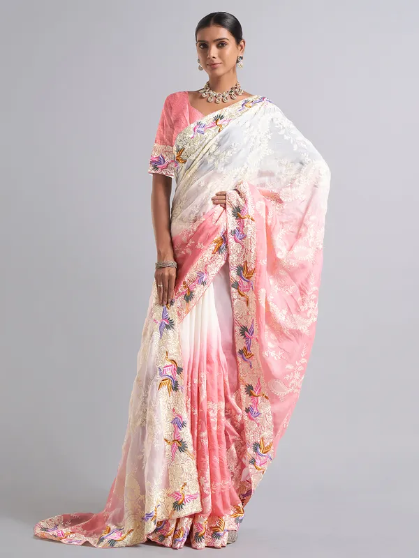 Stunning white and pink saree
