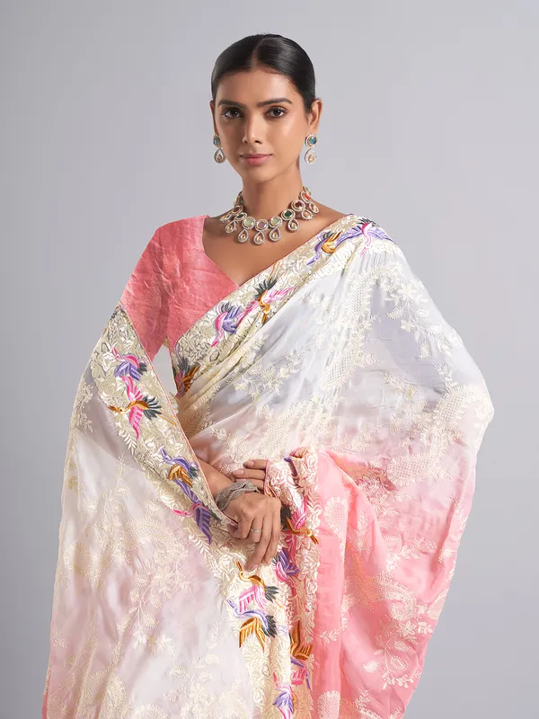 Stunning white and pink saree