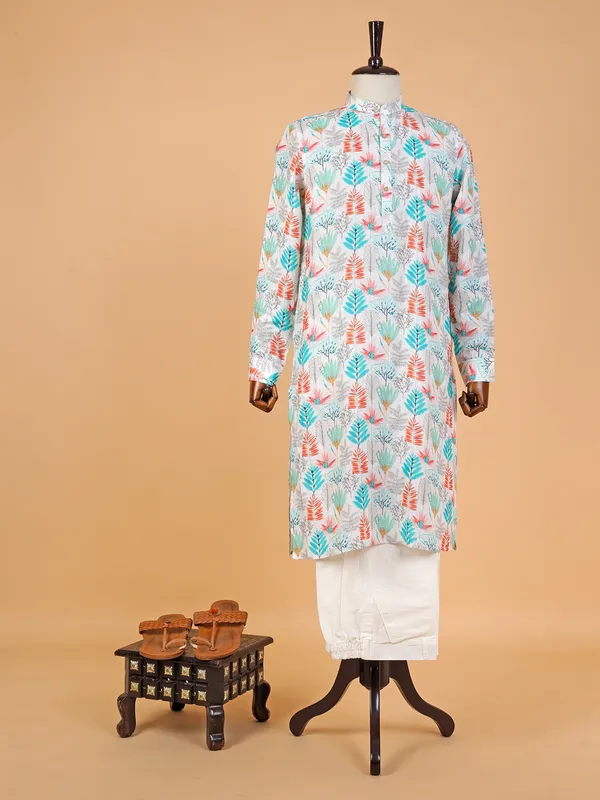 Stunning white linen printed  Men Kurta pajama