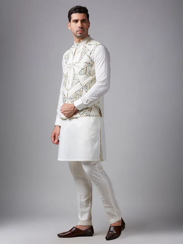 Stunning white mirror work waistcoat set