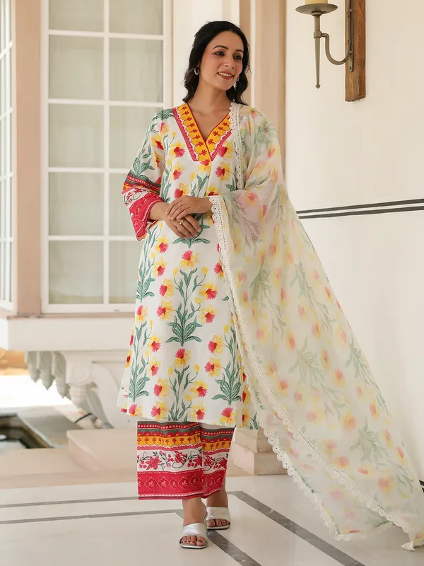Stunning white printed cotton kurti set