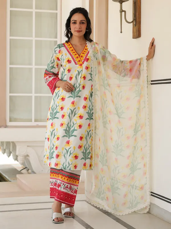 Stunning white printed cotton kurti set