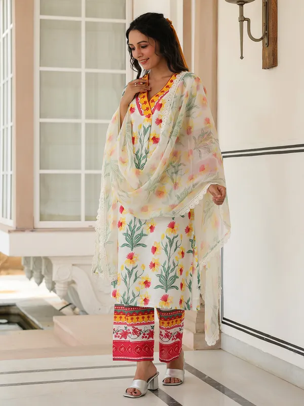 Stunning white printed cotton kurti set