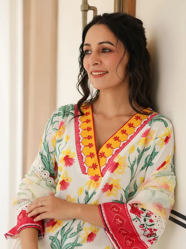 Stunning white printed cotton kurti set