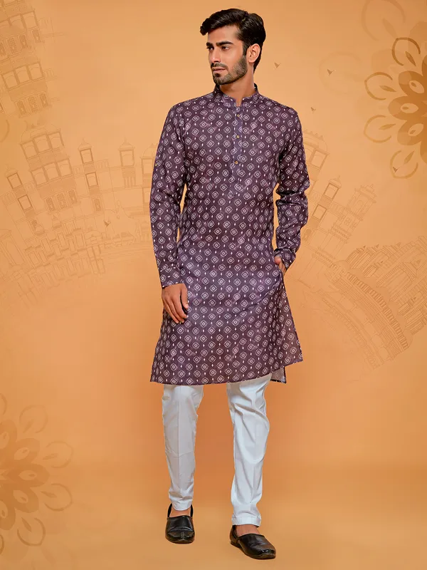 Stunning wine cotton printed kurta suit for men