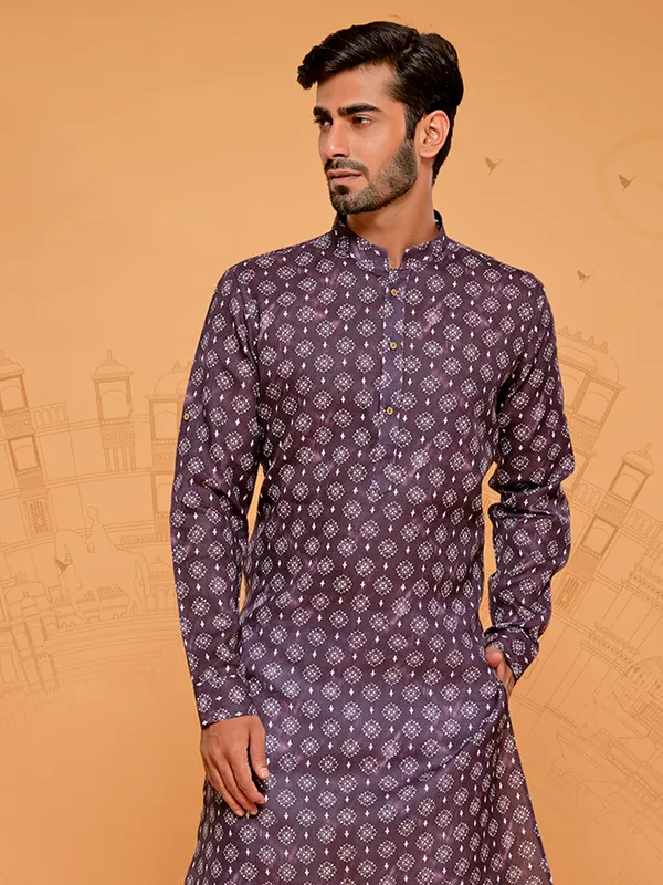 Stunning wine cotton printed kurta suit for men