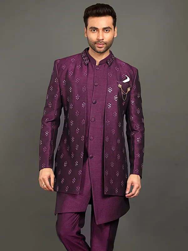 Stunning wine cotton silk indowestern for men