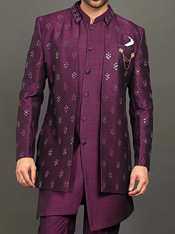 Stunning wine cotton silk indowestern for men