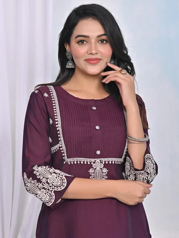 Stunning wine embroidery cotton silk kurti