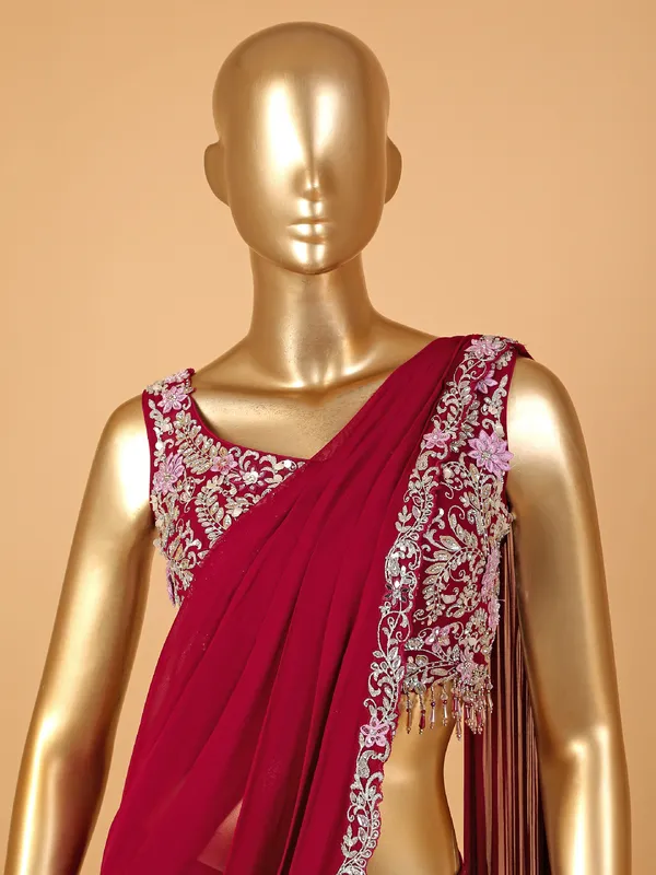 Stunning wine georgette ready-to-wear saree