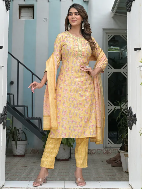 Stunning yellow cotton printed kurti set
