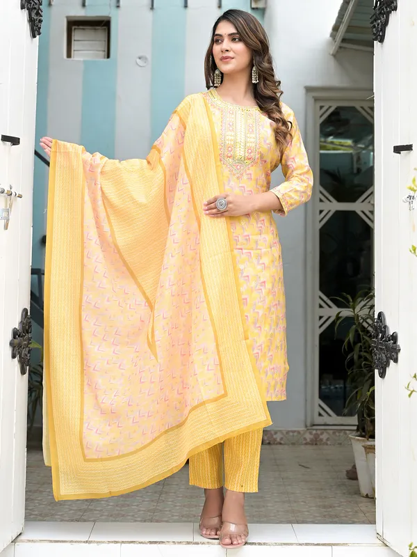 Stunning yellow cotton printed kurti set