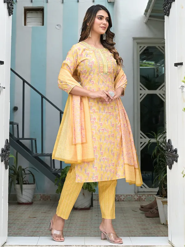Stunning yellow cotton printed kurti set