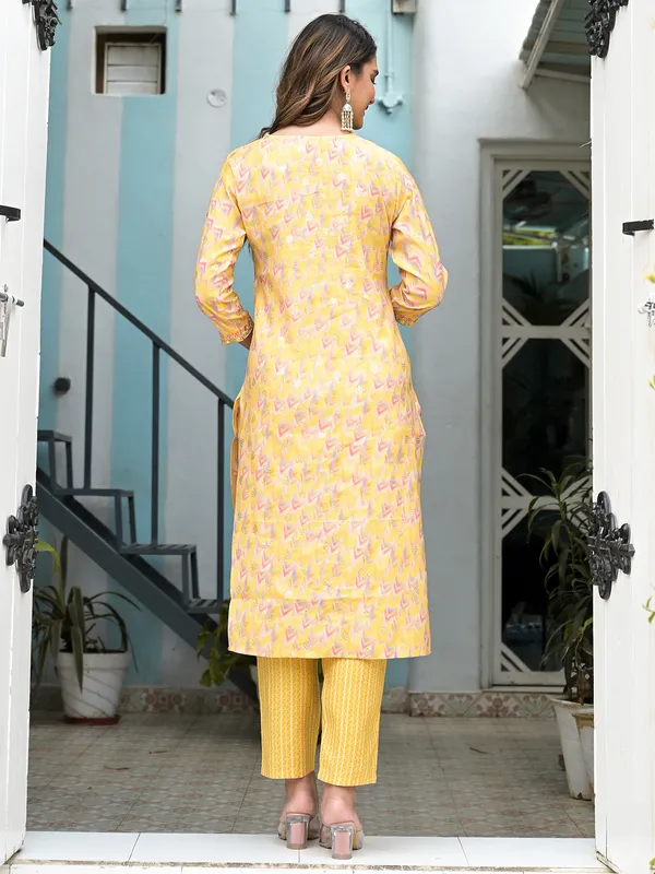 Stunning yellow cotton printed kurti set