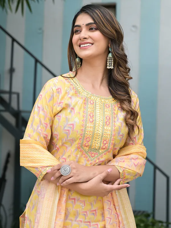 Stunning yellow cotton printed kurti set
