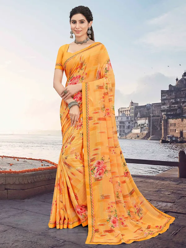 Stunning yellow georgette printed saree