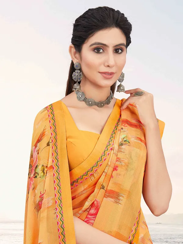Stunning yellow georgette printed saree