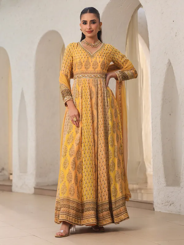 Stunning yellow printed anarkali suit