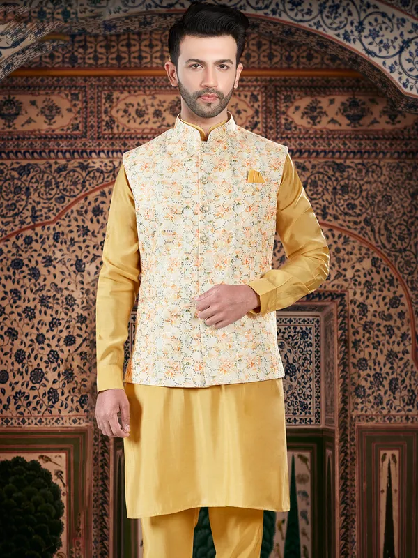 Stunning yellow printed silk waistcoat set