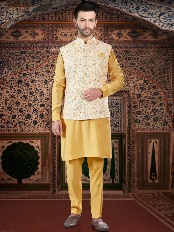 Stunning yellow printed silk waistcoat set